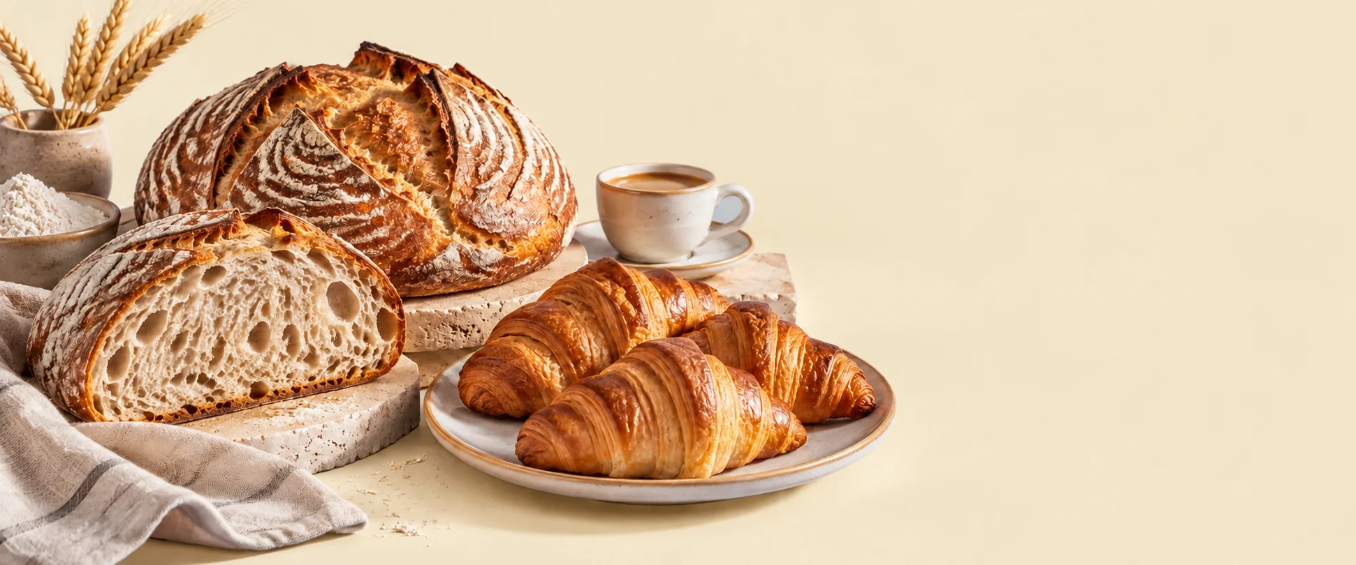 Artisan sourdough, fresh croissants and coffee arranged on a stone counter.