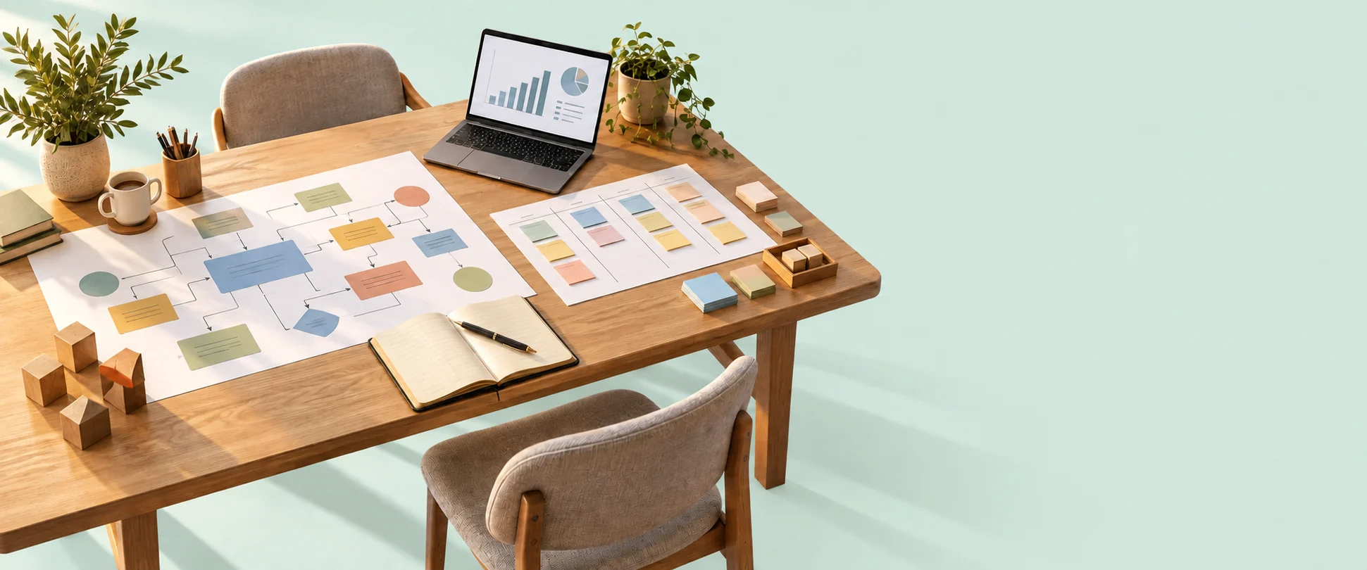 Business strategy and operations planning laid out with a flowchart, notebook and laptop.