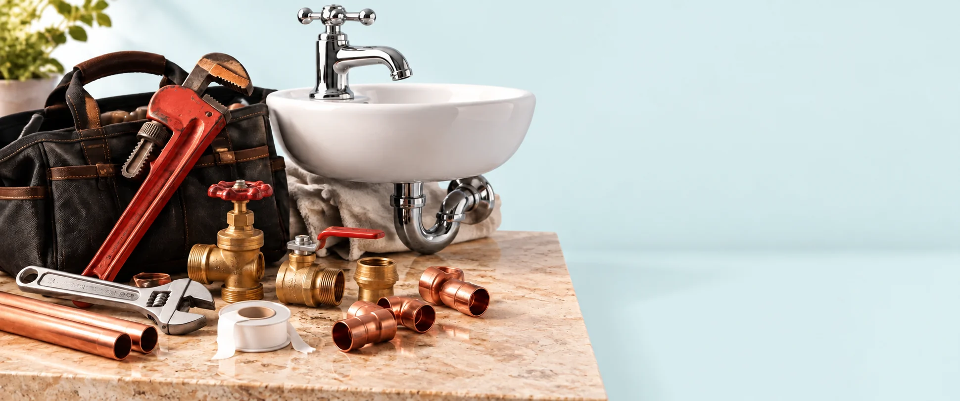 Plumbing tools, copper fittings and a chrome tap beside a basin, ready for repairs and installation.