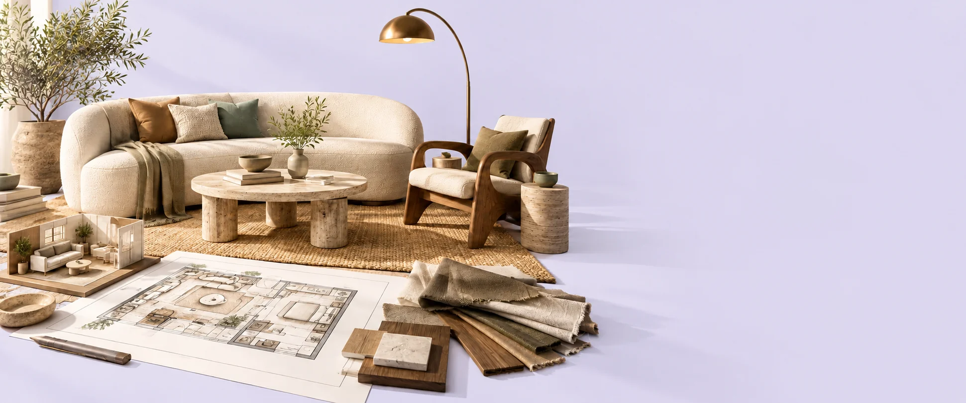 A designed interior with sculptural furniture, floor plans and fabric and wood samples.